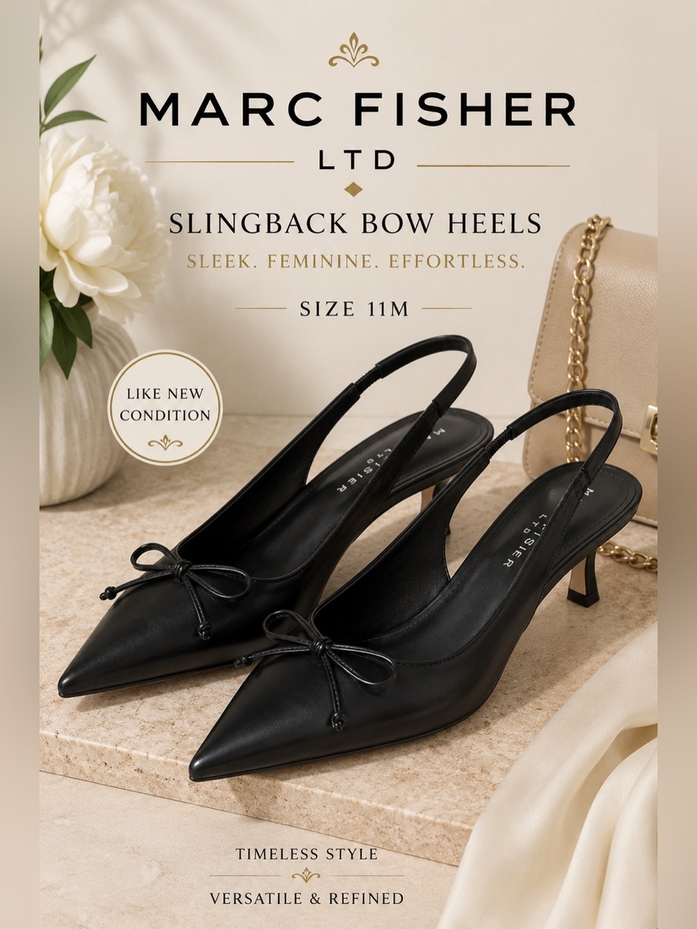 Marc Fisher LTD Black Pointed-Toe Bow Slingback Heels Size 11M
